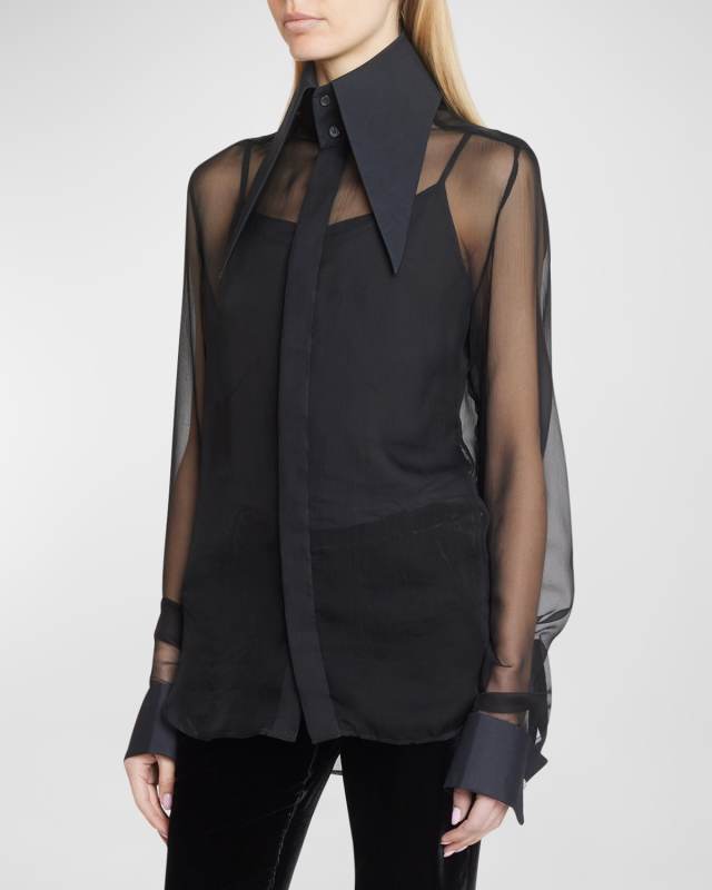 Sheer Silk Chiffon Collared Shirt